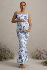 Lita | Blue Floral Print Twisted Asymmetric Maternity Maxi Dress