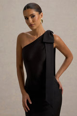 Here For Love | Black Satin Asymmetric Maxi Dress With Bow
