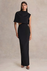 Roseth | Black High-Neck Maxi Dress With One-Sleeve And Body Cut-Out Detail