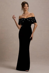 West End | Black Velvet Embellished Bardot Maxi Dress