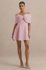 Faria | Blush Pink Short-Sleeve Bardot Mini Dress With Bow Detail