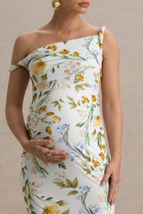 Salome | White Botanical Floral Print Twisted Asymmetric Maternity Midi Dress