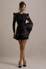 Myka | Black Sequin Long-Sleeve Ruffle Hem Mini Dress