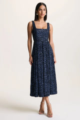 Lima | Navy Sequin Square-Neck A-Line Midi Dress