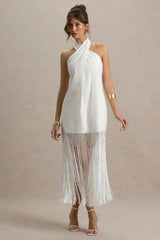 Fiametta | Ecru Linen Halter-Neck Fringe Maxi Dress