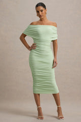 Rayleigh | Light Green Bardot Ruched Midi Dress