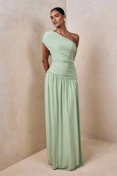 Emberly | Green Draped Asymmetric-Neck Maxi Dress With Drop-Waist