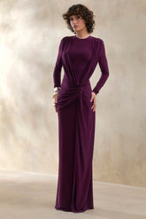 Desirelle | Plum Crew-Neck Maxi Dress With Gathered-Detailing