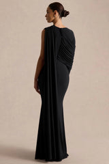 Rubelle | Black Asymmetric-Neck Maxi Dress With Draped-Detailing