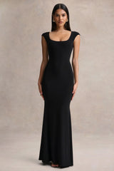 Piper | Black Square-Neck Maxi Dress With Cap-Sleeves