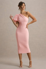 Aimee | Pink Asymmetric Puff-Sleeve Midi Dress