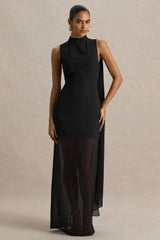 Unpredictable | Black High-Neck Maxi Dress With Back Cape Detail