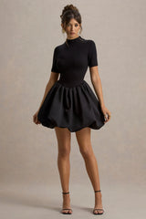Blake | Black Short-Sleeve Mini Dress With Satin Puffball Skirt