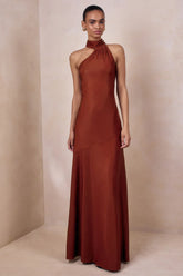 Cara | Rust Satin High-Neck Maxi Dress