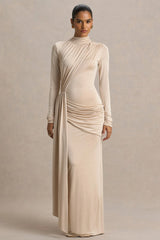Romi | Champagne High-Neck Maxi Dress With Ruched Detailing