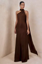 Cara | Brown Satin High-Neck Maxi Dress