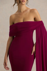 Saffina | Burgundy Bardot-Neck Maxi Dress With Sash Detail
