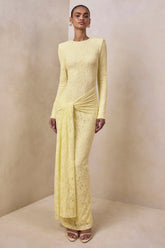 Evangela | Lemon Lace Crew-Neck Maxi Dress With Wrap-Detail