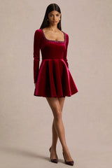 Beloved | Red Velvet Hand-Embellished Square-Neck Mini Dress