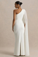 Athens | White Asymmetric-Neck Maxi Dress With Cape Sleeve Detail
