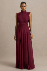 Melanina | Burgundy High-Neck Maxi Dress With Ruched Detailing