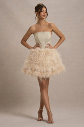 Peaches | Champagne Strapless Mini Dress With Volume Feather Hem
