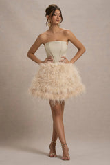 Peaches | Champagne Strapless Mini Dress With Volume Feather Hem