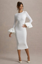 Celie | White Long-Sleeve Midi Dress With Puff Cuffs