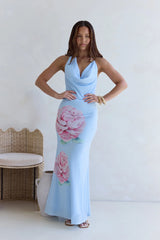 Truth Be Told Halter Mesh Maxi Dress Blue