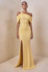 Nala | Lemon Asymmetric-Neck Maxi Dress With Gathered Detailing