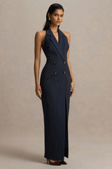 Eve | Navy Pinstripe Plunge-Neckline Tailored Maxi Dress