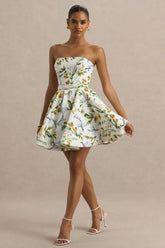 Valerian | White Botanical Print Bandeau Mini Dress With Ruffle Hem