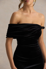 Poised | Black Velvet Bardot-Neck Maxi Dress With Twist-Sleeve