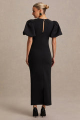 Luna | Black Crew-Neck Maternity Midi Dress With Puff-Sleeves