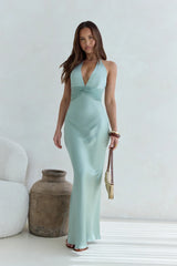 Destinations Halter Satin Maxi Dress Sage
