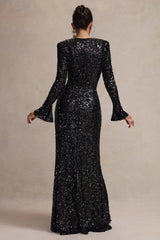 Wild Dream | Black Sequin Plunge-Neck Ruffle Split Maxi Dress