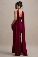 Rhoda | Burgundy Twist Halter-Neck Cape Maxi Dress