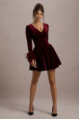 Pasilla | Port Velvet Plunge-Neck Feather Trim Mini Dress
