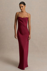 Cher | Burgundy Satin Square-Neck Maxi Dress With Embellished-Detailed Open-Back