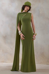 Isdelia | Green Asymmetric-Neck Maxi Dress With Cape-Sleeve
