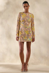 Merdia | Yellow Embellished Floral Crew-Neck Mini Dress