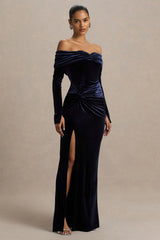 Countess | Navy Velvet Bardot-Neck Wrapped Maxi Dress With Front-High Split