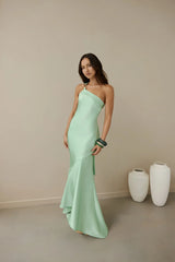 Champagne Chat One Shoulder Maxi Dress Green
