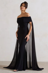 Carlotta | Black Bardot Maxi Dress With Chiffon Cape