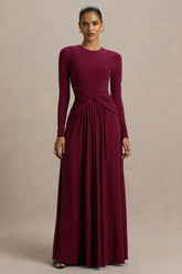 Estrella | Berry High-Neck Maxi Dress With Ruched Detailing