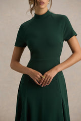 Alea | Dark Green High-Neck Short-Sleeve Maxi Dress