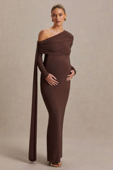 Cyra | Brown Bardot-Neck Maternity Maxi Dress With Sash