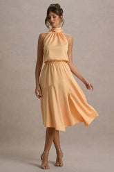 Palonia | Peach Satin High-Neck Split Midi Dress