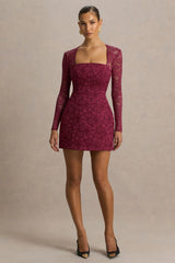Bijou | Burgundy Square-Neck Lace Long-Sleeve Mini Dress
