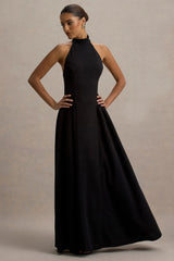 Cynthia | Black High-Neck Maxi Dress With Volume Skirt